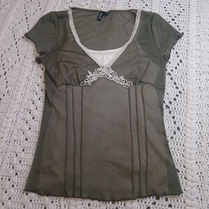 Vtg Y2K Babydoll Molly Maxi Womens M Sheer Green Ivory Lace Trim Whimsical Fairy